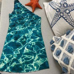 AnimaPop One shoulder reversible dress scuba fish water sz Small